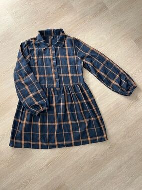 ♡ 4 for $40 ♡ Women’s Navy and Brown Plaid Button-Front Long-Sleeve Dress